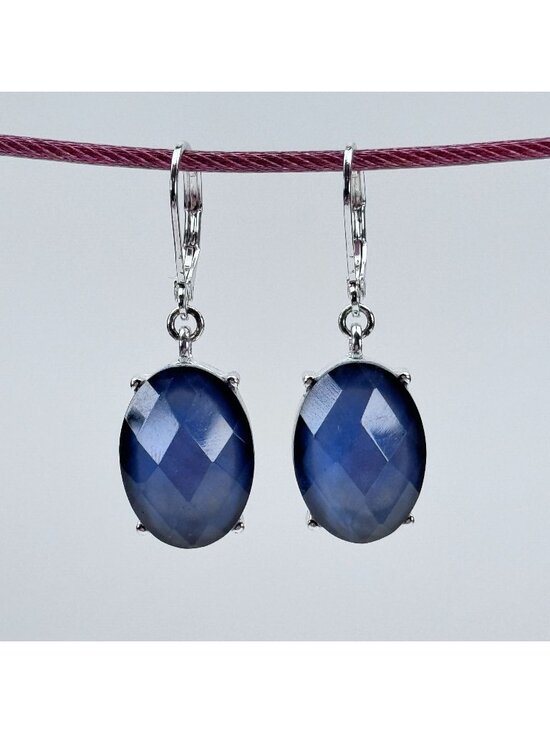 Napier Jewelry - Napier Oval Faceted Blue Gem Leverback Drop Earrings 1.5" Silver-Tone Setting
